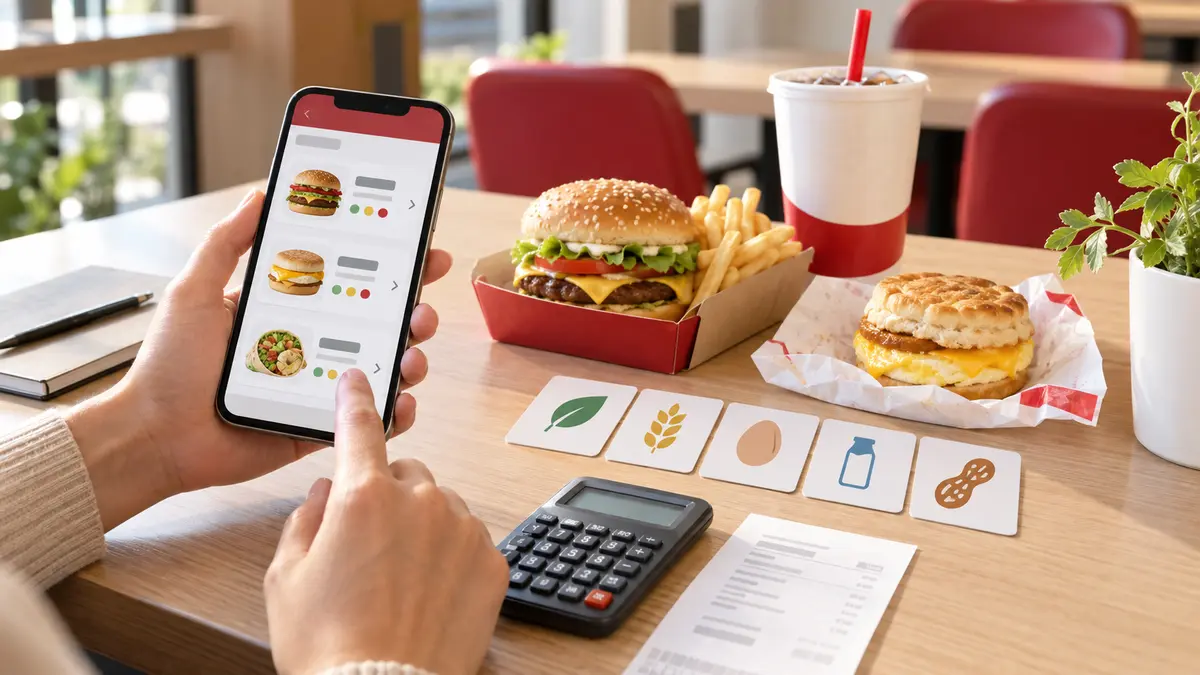 Diner comparing fast-food menu prices, calories and allergen information before ordering