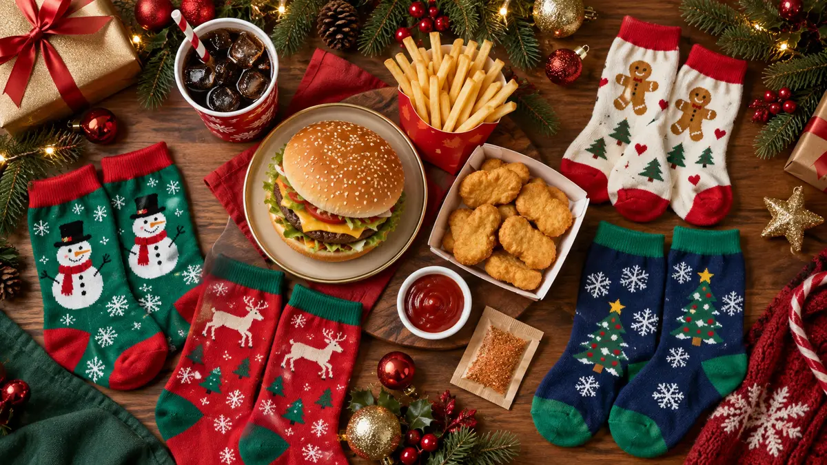 Festive burger, nuggets, fries, drink and colorful holiday collectible socks