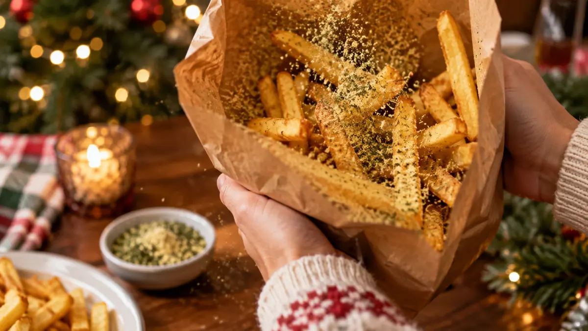 Golden fries being shaken with dill pickle seasoning for a holiday meal