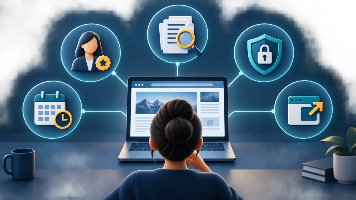 Reader checking author transparency, source quality, privacy and outbound links on a technology website