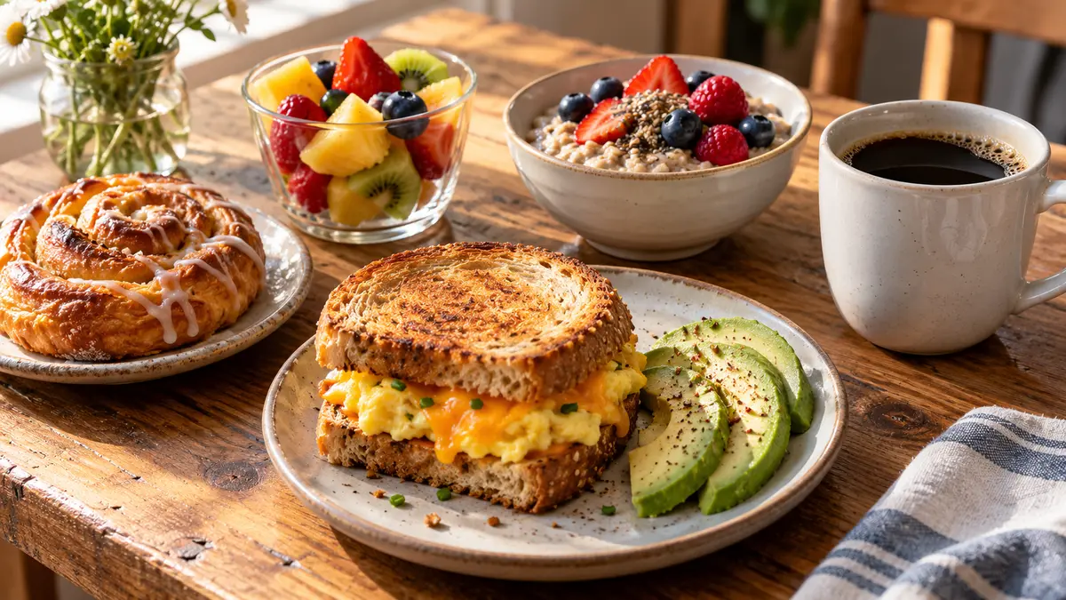 Bakery cafe breakfast spread with egg sandwich, oatmeal, fruit, pastry and coffee