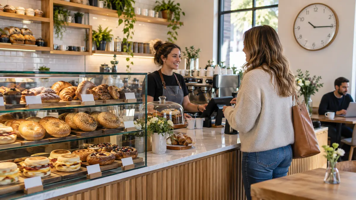 Customer ordering breakfast at a modern bakery cafe counter in the morning